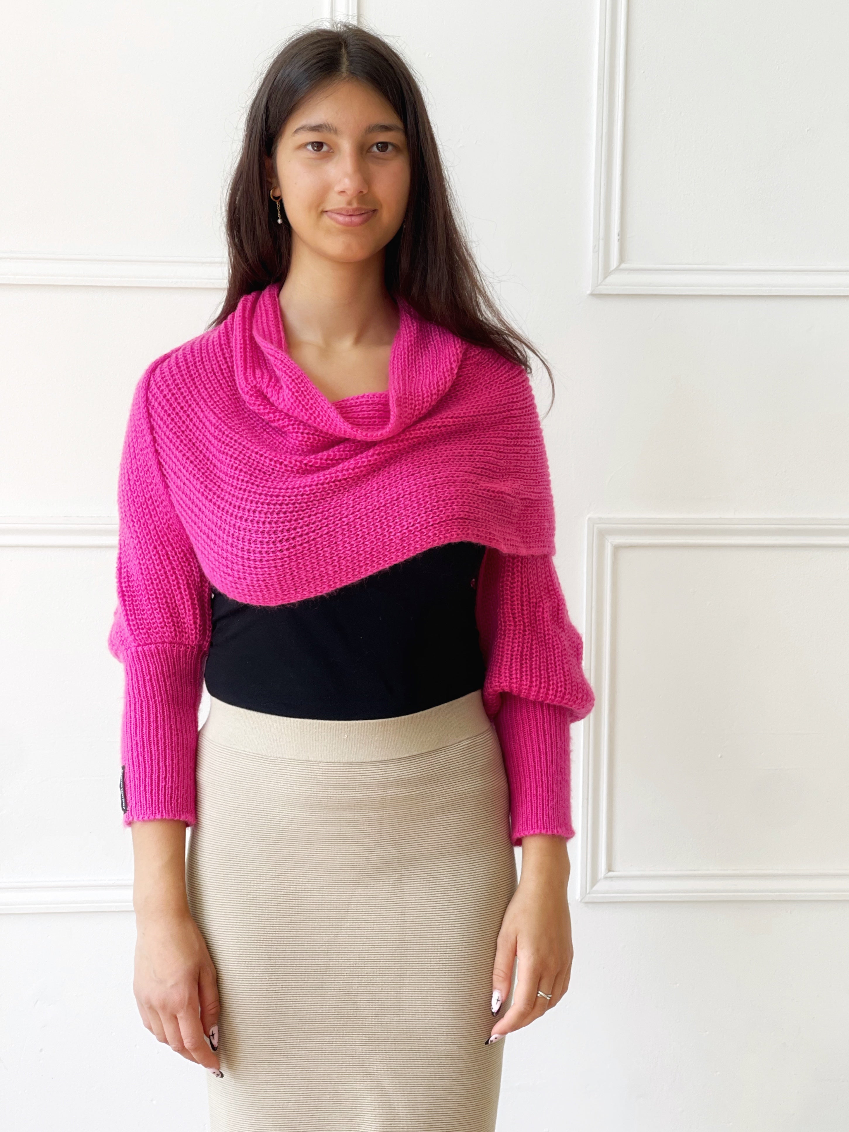 S fuzzy scarf THEREDTHREAD ピンク Thick pink fuzzy mohair scarf extra long shawl handknit neck