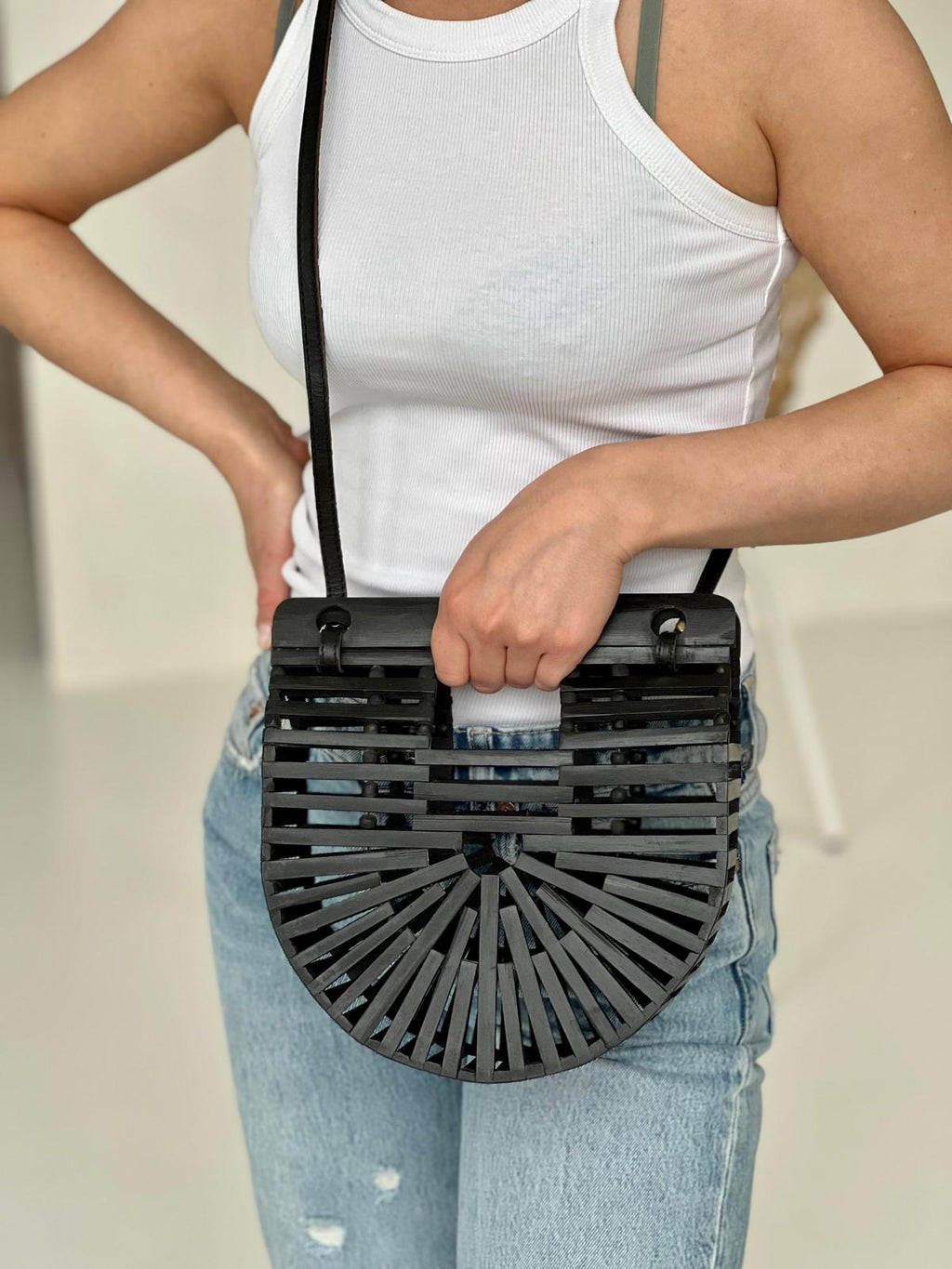 Bamboo Arc Bag with Strap - Black